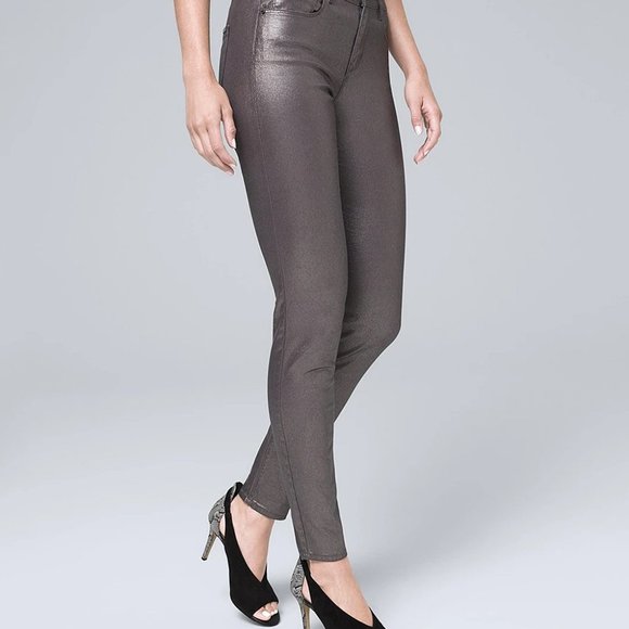 White House Black Market Pants - White House Black Market Foil Skinny Jeans Silver Womens 0 Midrise Metallic Gray